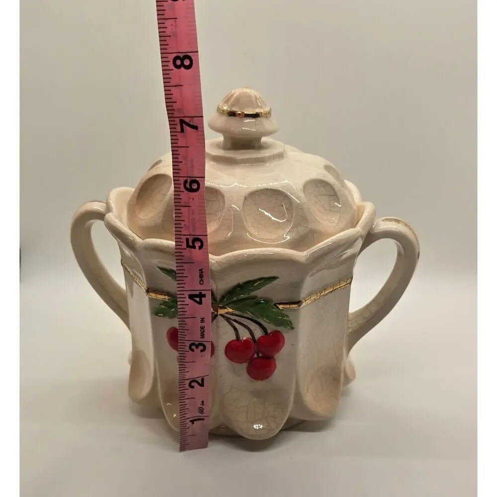 Vintage Westmoreland Milk Glass Hand Painted Cherry Thumbprint Panel Cookie Jar